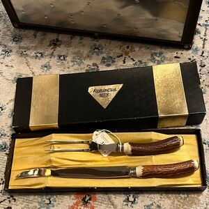 Vintage Remington Antler Handle Knife and Fork Set in Black and Gold Box